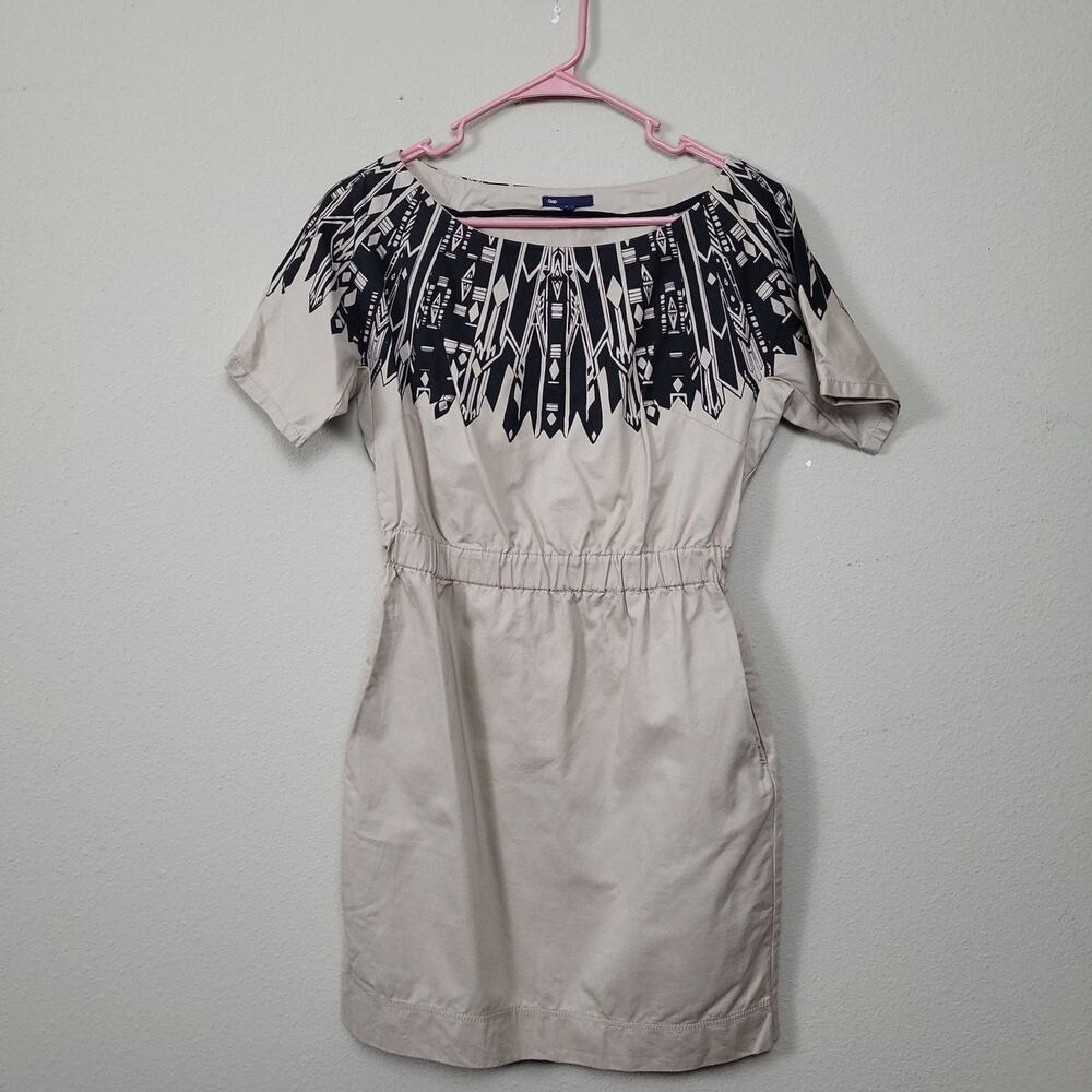Gap Womens Beige Black Cotton Short Sleeve Elastic Waist Mini Dress Size 6